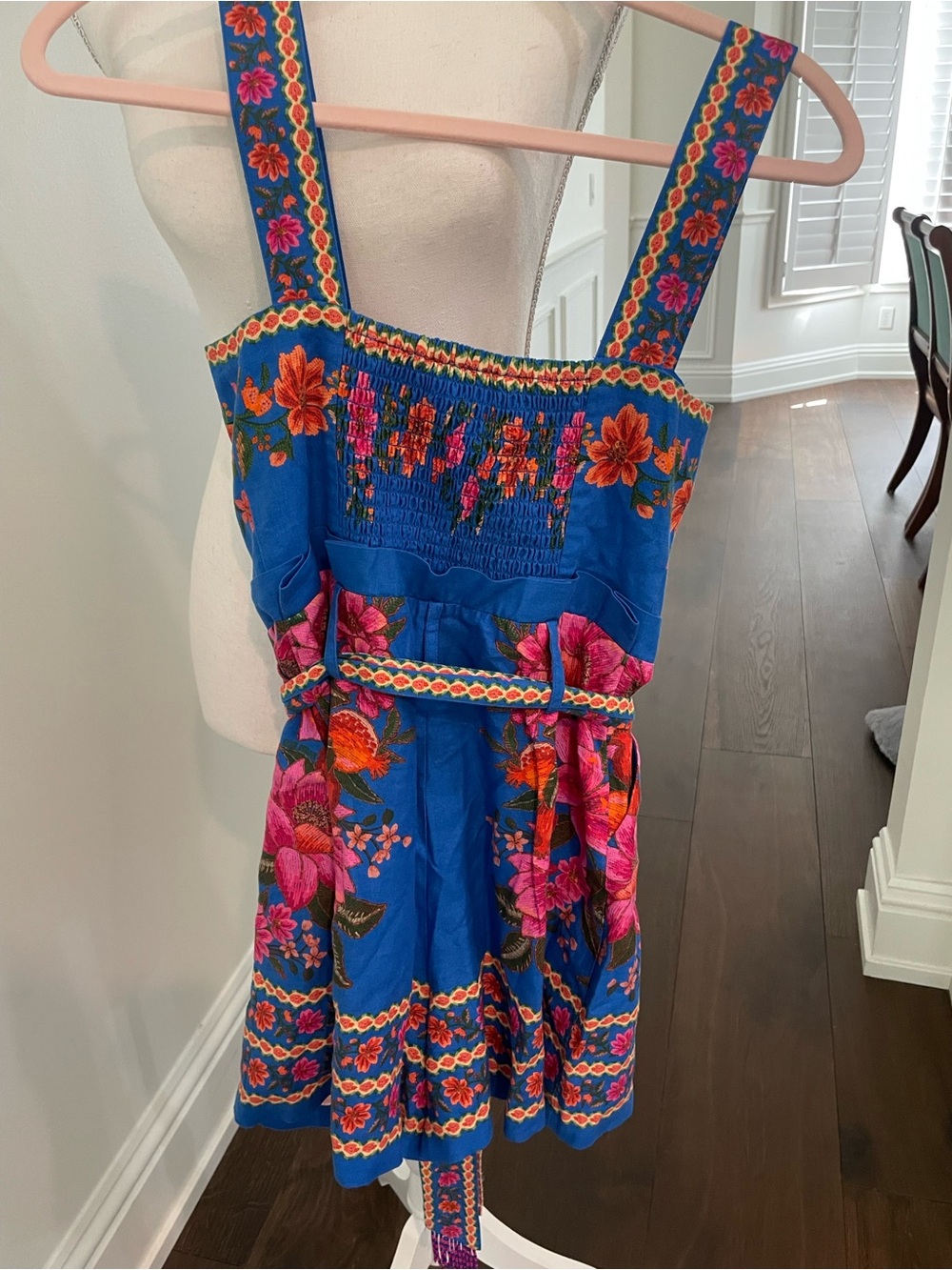 FARM Rio Bright Blue Floral Smocked Sundress with Pink Embroidery - Picture 4 of 9